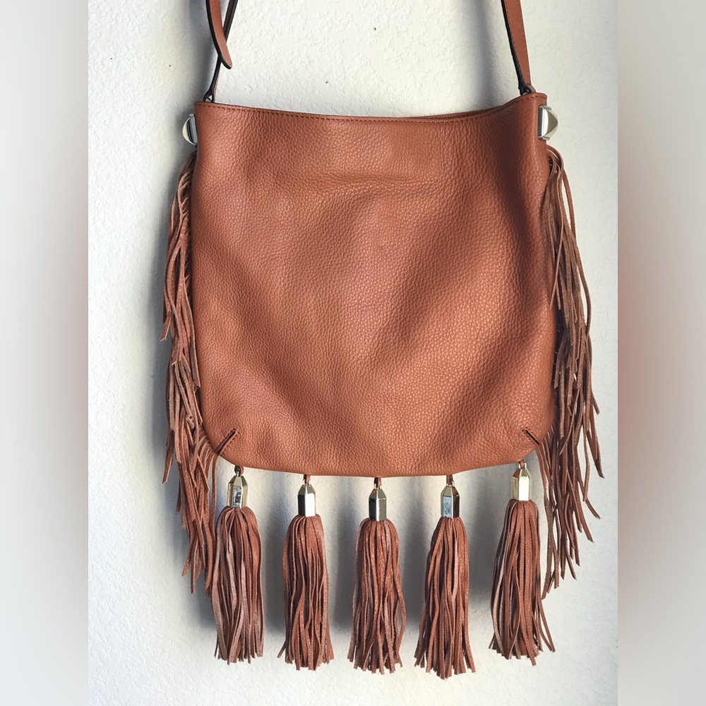 Rebecca Minkoff Kai Soft Pebbled Leather Boho Cowgirl Bag w Fringe & Tassel Gold